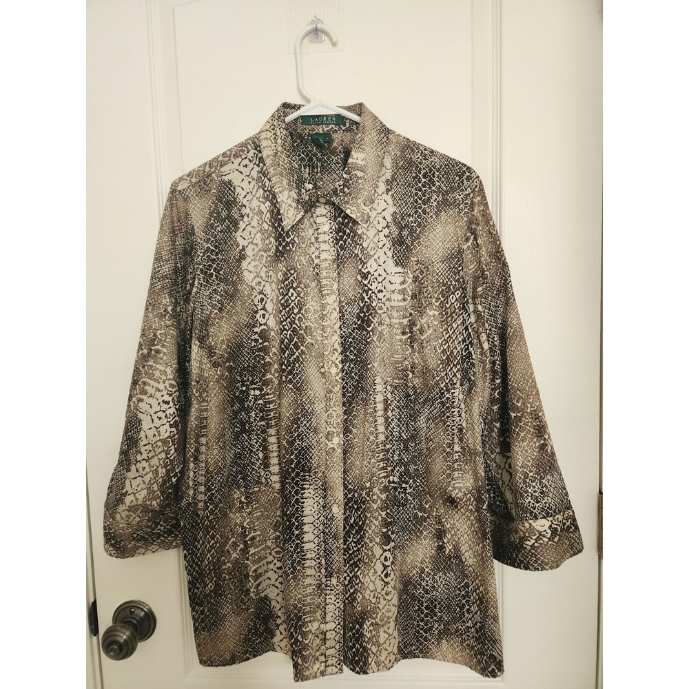 Lauren Ralph Lauren Snakeskin Print Cotton Button Down Shirt Brown 1X Plus Size